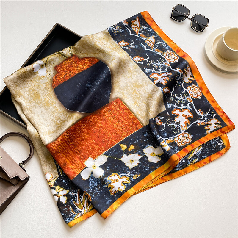 Bufanda cuadrada de seda Vintage para mujer, chal grande informal de diseñador, protector solar suave, Hijabs, pañuelo para la cabeza, Foulard 2023
