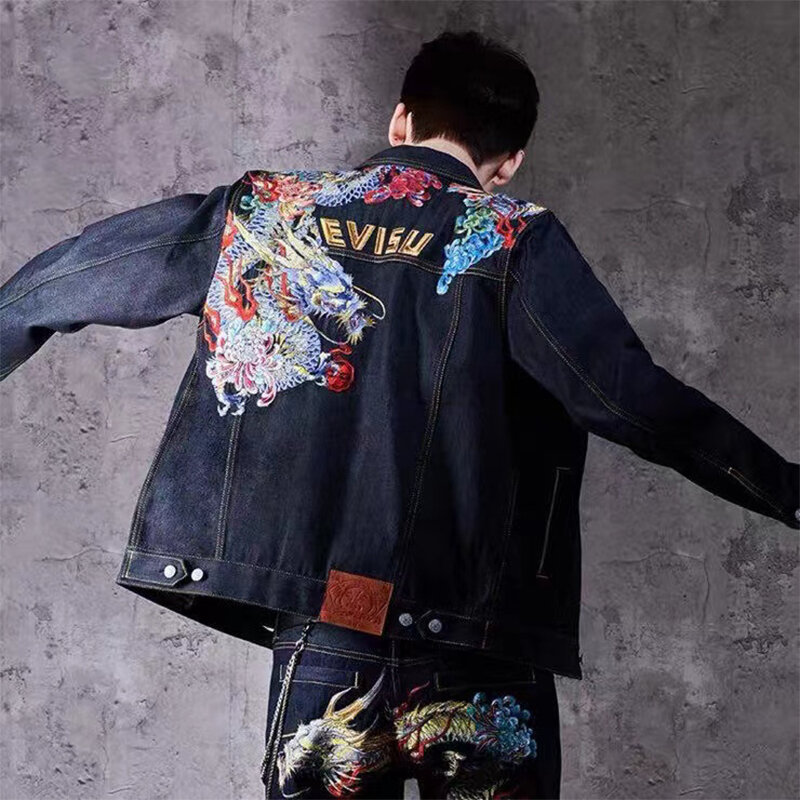Retro estilo japão 30th aniversário masculino edição especial multi-bolso casual bordado denim jaqueta