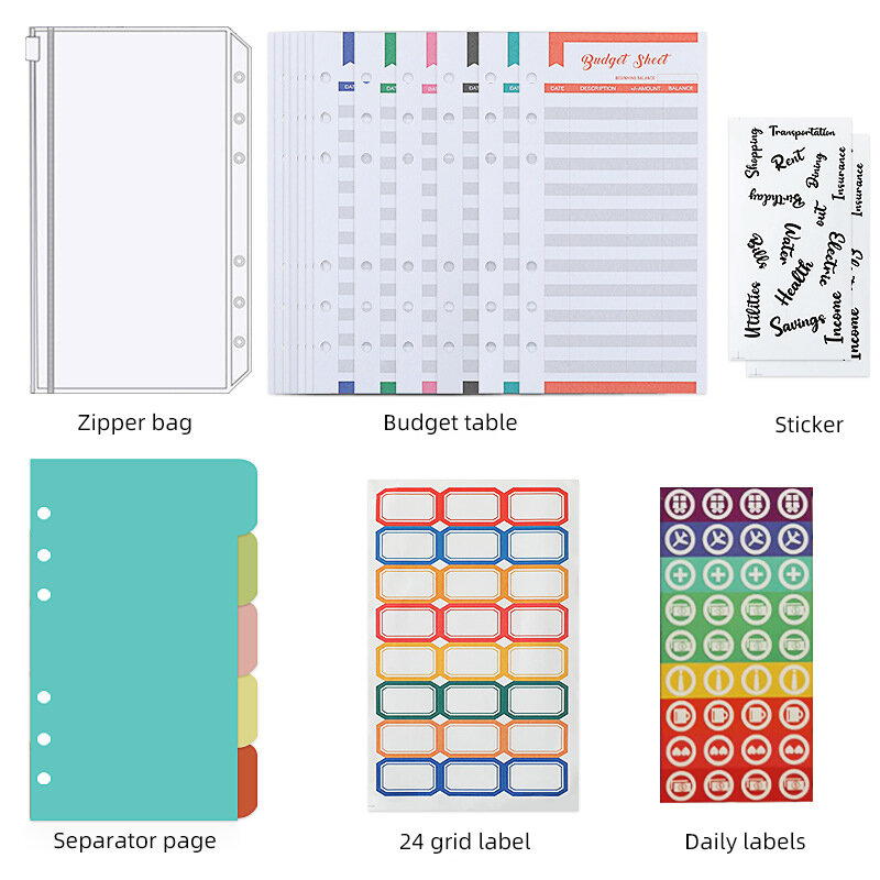 A6 PU Leather Notebook Binder Budget Planner Organizer per risparmio di contanti busta con cerniera fogli di Budget ed etichette adesive