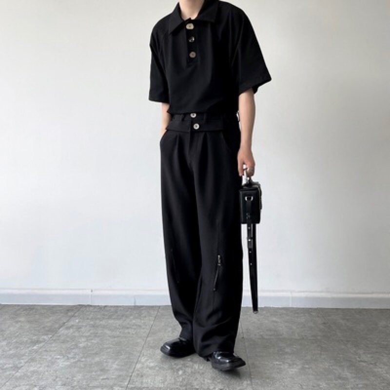 Celana Lebar Pria Celana Panjang Pria Desainer Pinggang Ganda Kepribadian Ritsleting Longgar Pemuda Pria Streetwear Bawahan Pakaian Pria Jepang