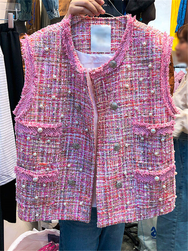 2023 Herfst Nieuwe All-Matching Slim Fit Effen Kleur Vest Tweed Parel Vest Jacket Vest Womens Fashion Lente Vest uitloper