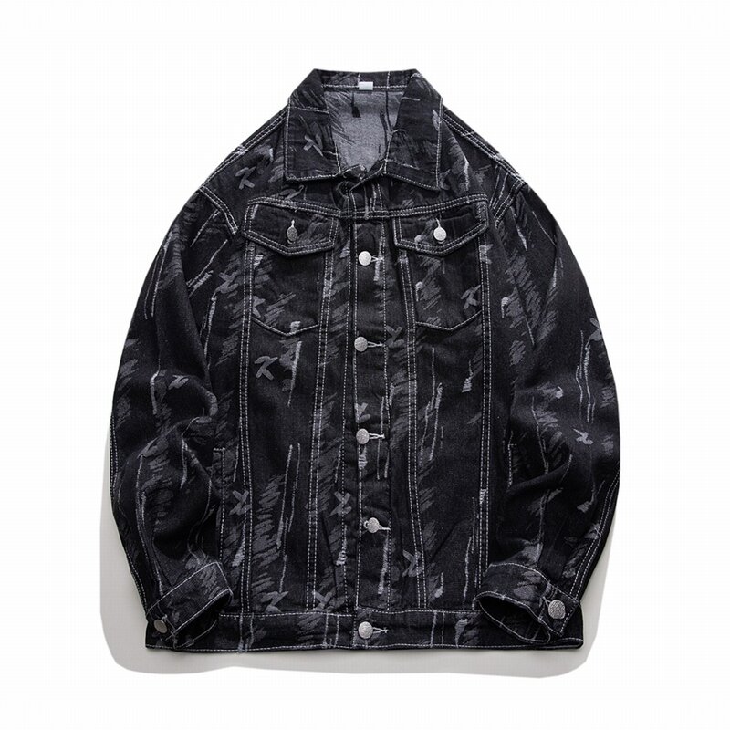Autumn Spring Distressed Frayed Denim Jacket Black Jacquard Jaqueta Jean Loose Streetwear Fashion Chaqueta Hombre Masculina Coat