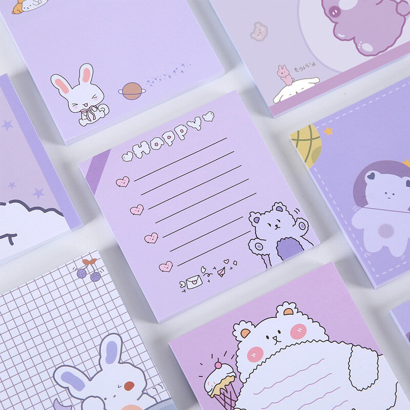 50Pace Korean Cute Girly Cartoon Purple Bear Creativity Student Guestbook Sticky Notes Kawaii Decor Memo Pads Office Stationery