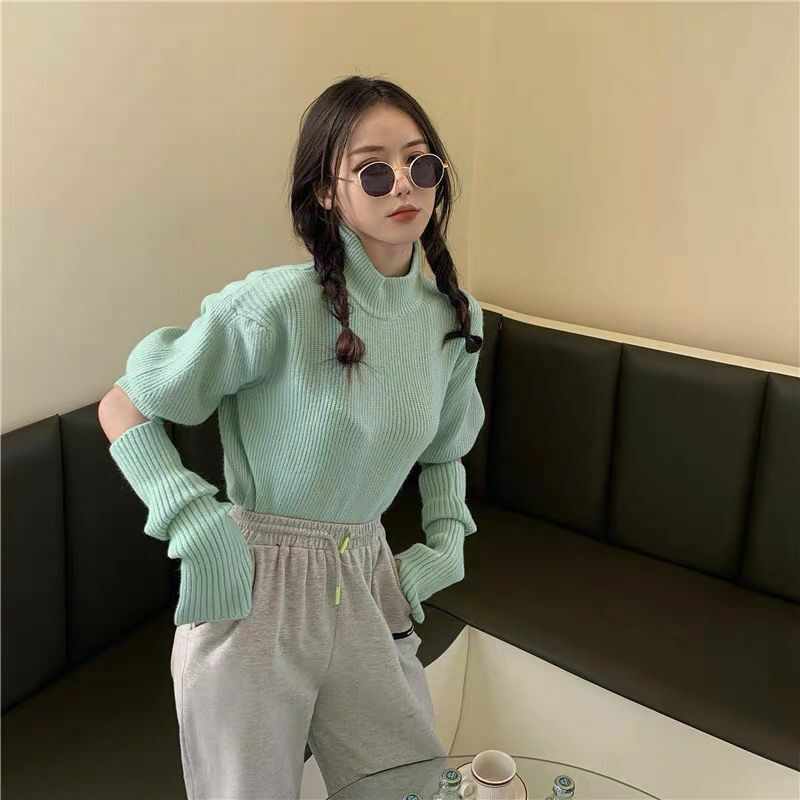 Perceptual high neck knitted sweater women's half bubble sleeve simple knitted sweater set 2022 spring and autumn new style