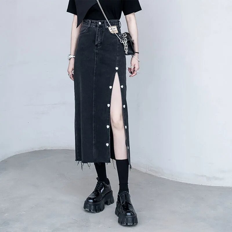 Mulher preta saia jeans gótico vintage split midi saias 2023 primavera outono harajuku cintura alta punk estilo jeans saia feminina