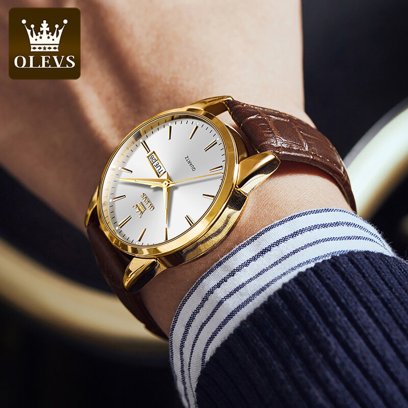 OLEVS wodoodporny podwójny kalendarz świetna jakość mężczyźni zegarek biznes kwarcowy pasek zegarka Corium dla mężczyzn kalendarz tydzień wyświetlacz
