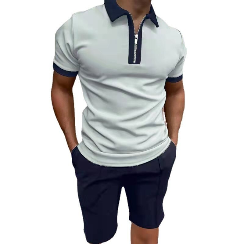 Костюм спортивный мужской однотонный, рубашка-поло на молнии с короткими рукавами и шорты, Повседневная Уличная одежда, комплект из 2 предме...
