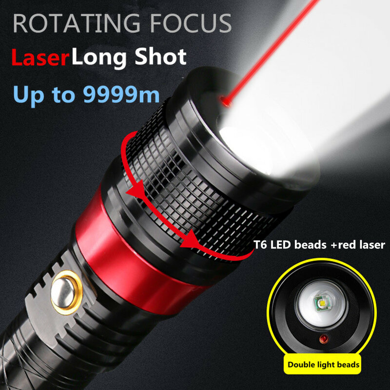 레이저 + T6 LED 강력한 손전등 강한 빛 Zoomable 충전 휴대용 랜턴 사냥 순찰 밤 낚시 빛
