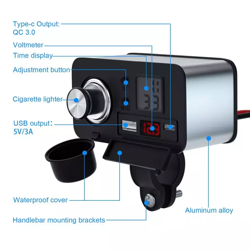 12V Multifunctional Motorcycle Cigarette Lighter Socket Adapter USB Charger Fast Charging With Timetable With Lighter Head