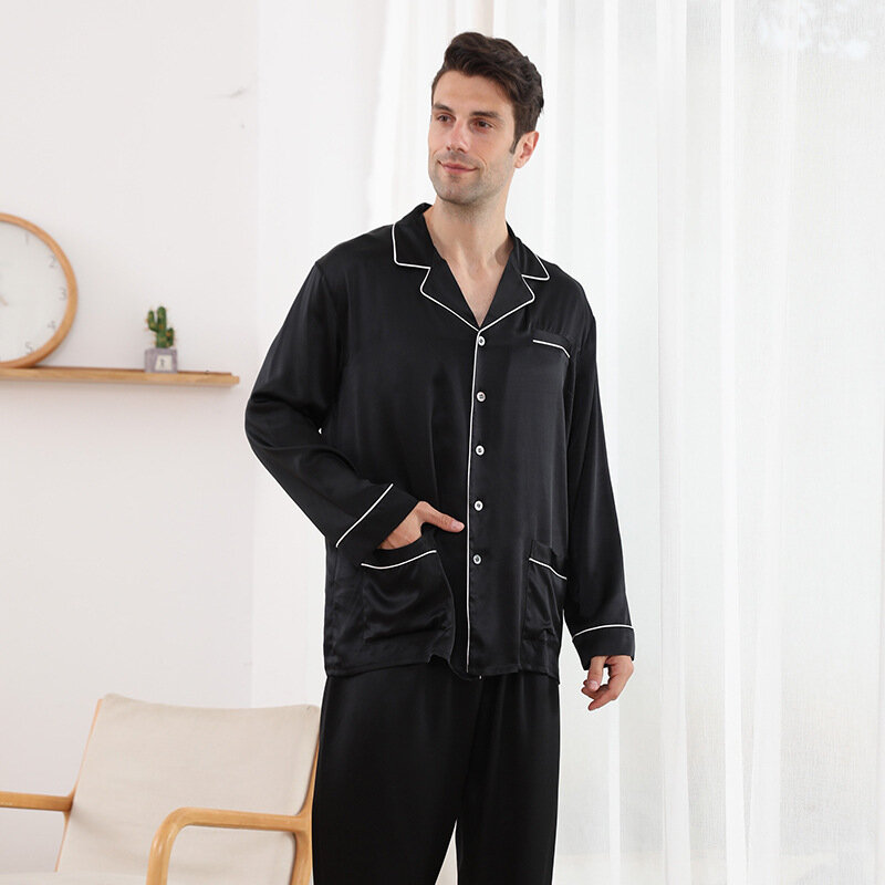Conjunto de pijama clásico de seda de morera para hombre, ropa de dormir cómoda, pantalones de manga larga, para las cuatro estaciones, 19mm