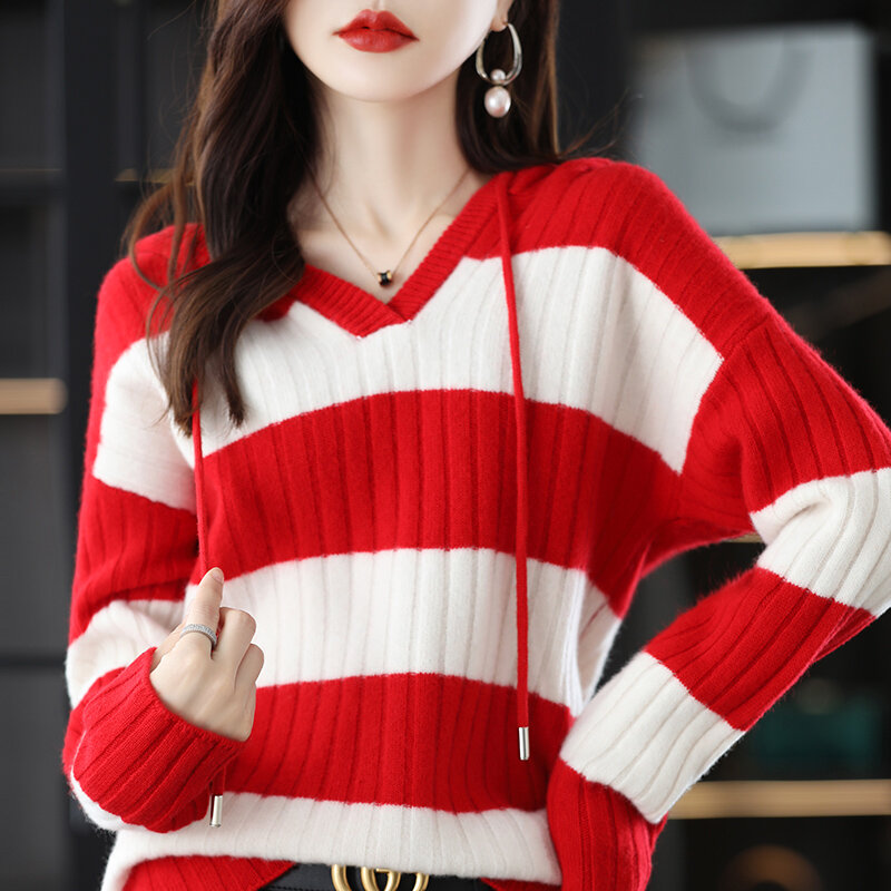 Suéter con capucha para mujer, Jersey de punto, versión coreana, Top holgado a rayas con cuello en V, estilo occidental, Allmatch
