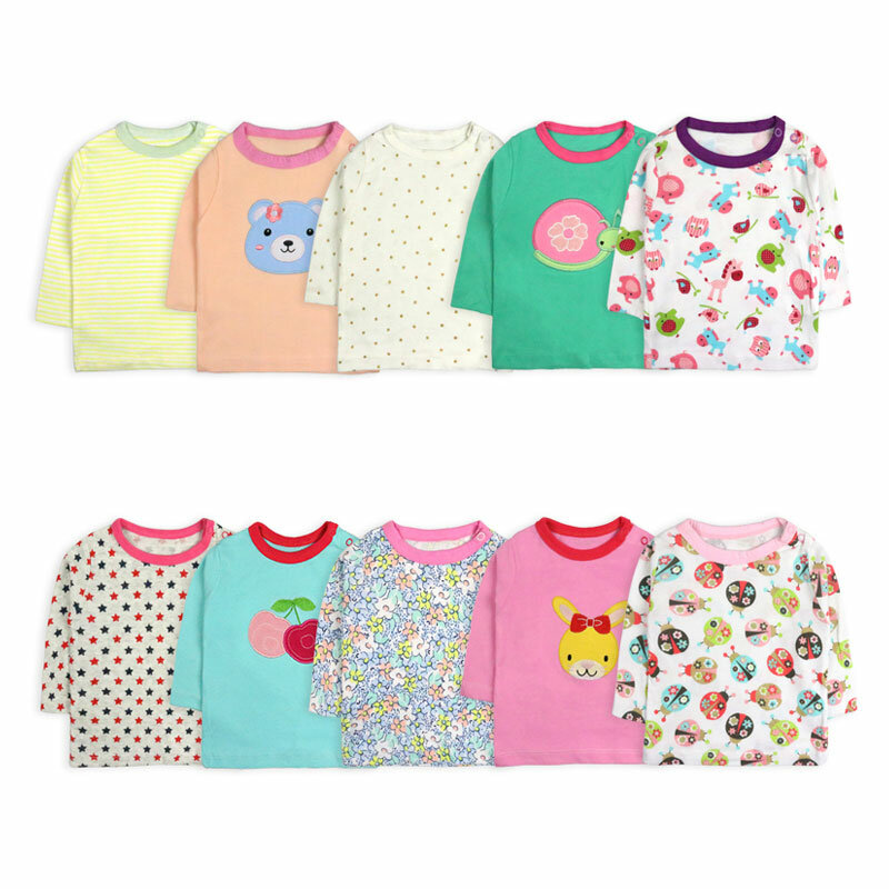 T-shirt à manches longues pour bébé garçon et fille, col rond, en coton, avec dessin animé imprimé, 5 pièces/lot