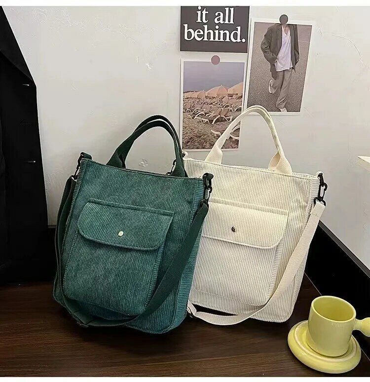 Hylhexyr borsa a tracolla in velluto a coste borse da Shopping Vintage da donna borse da studente per studenti con cerniera borsa Casual con tasca esterna