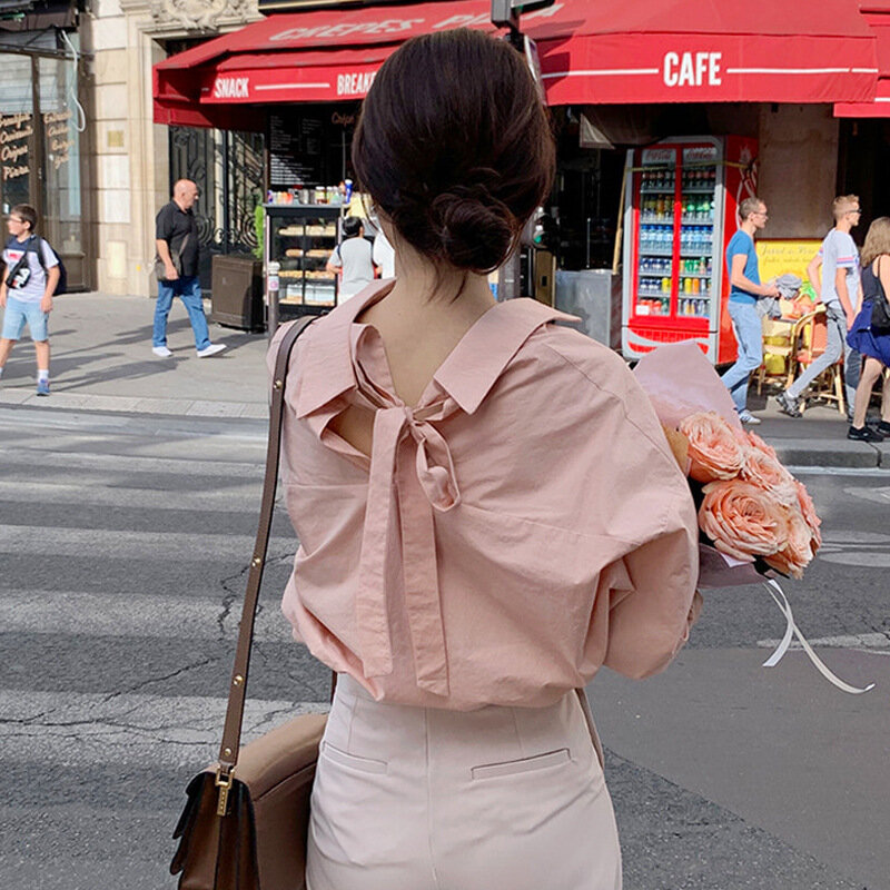 كم طويل قطعة واحدة قميص خريف Kawaii ملابس موضة امرأة البلوزات القوس الوردي خمر أنيق فائق مكتب ارتداء 2022 صيف جديد