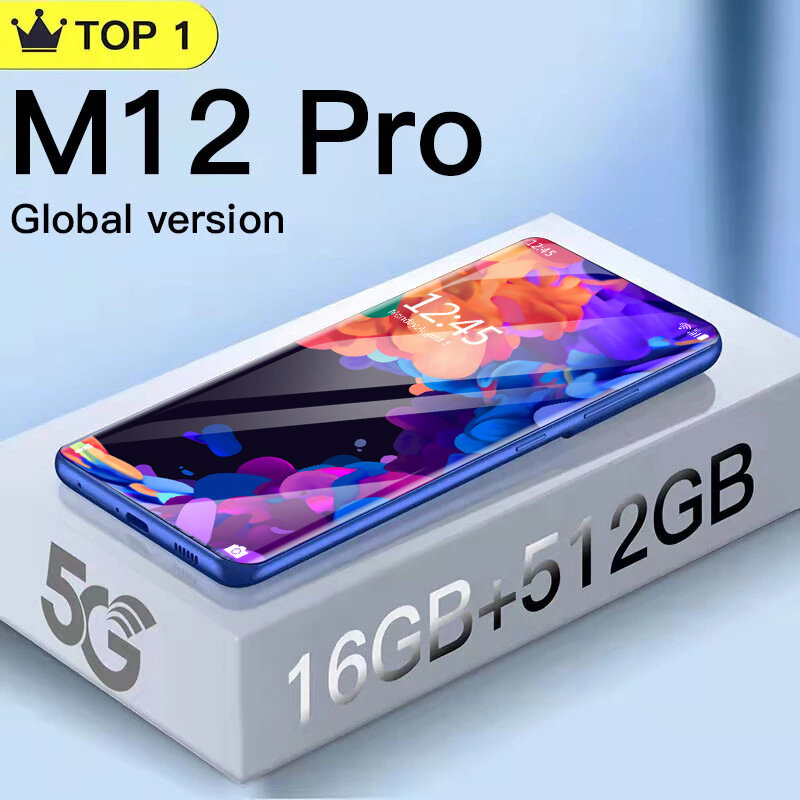 2022 M12 Pro Global Version Smartphone da 7.3 pollici cellulari da 16 + 512GB telefoni cellulari da 48mp Smartphone sbloccato in rete 5G celular
