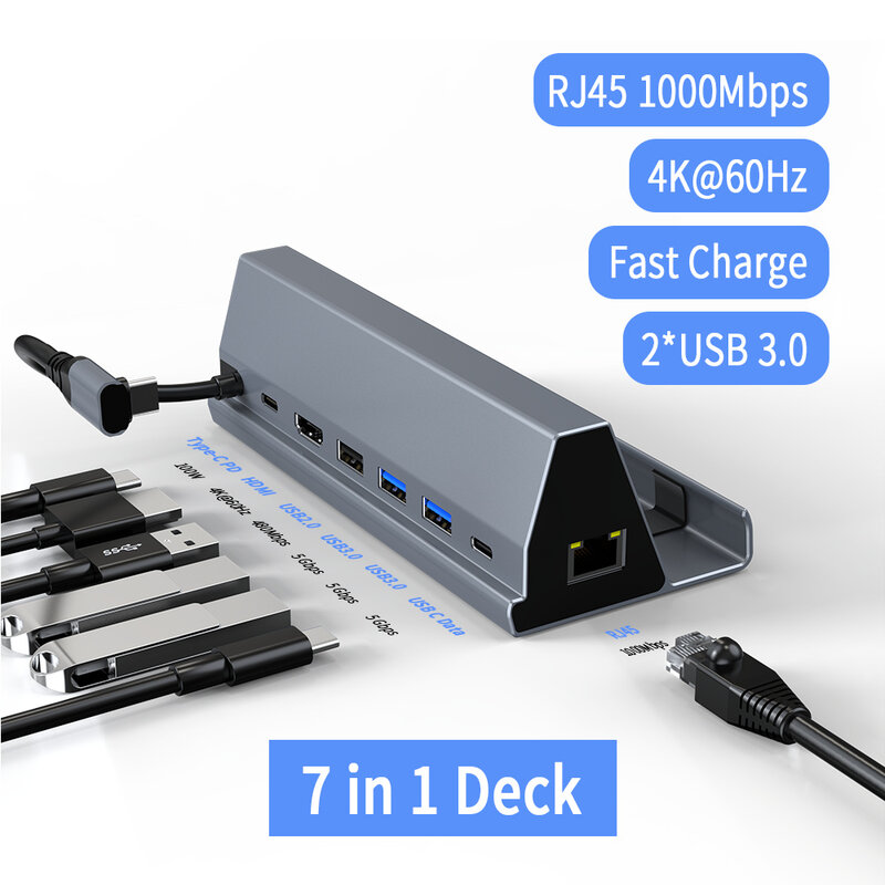 Compatível com HDMI Game Stand Base, Steam Deck, Dock Station para Switch, Liga de alumínio, 7 em 1, 4k60hz