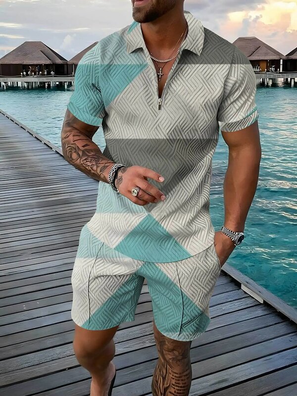 Activo masculino padrão geométrico manga curta zip lapela polo camisa e shorts definir masculino casual streetwear 2 peça terno de verão