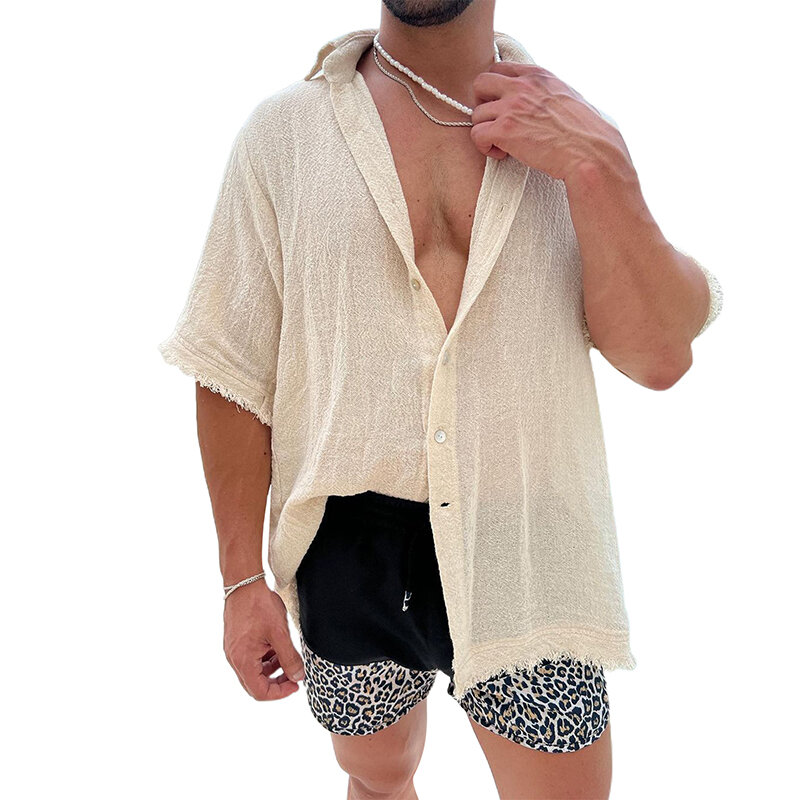 Men Fashion Beach Shirts Solid Color Button-Down Short Sleeve Holiday Tops Turn-Down Collar Summer Casual  Beach Shirt