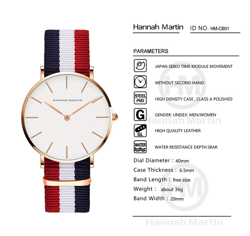 Hannah martin masculino feminino relógio de pulso marca de luxo relógios alça de náilon multi-cores relógio de quartzo moda elegante relógio de pulso para homem