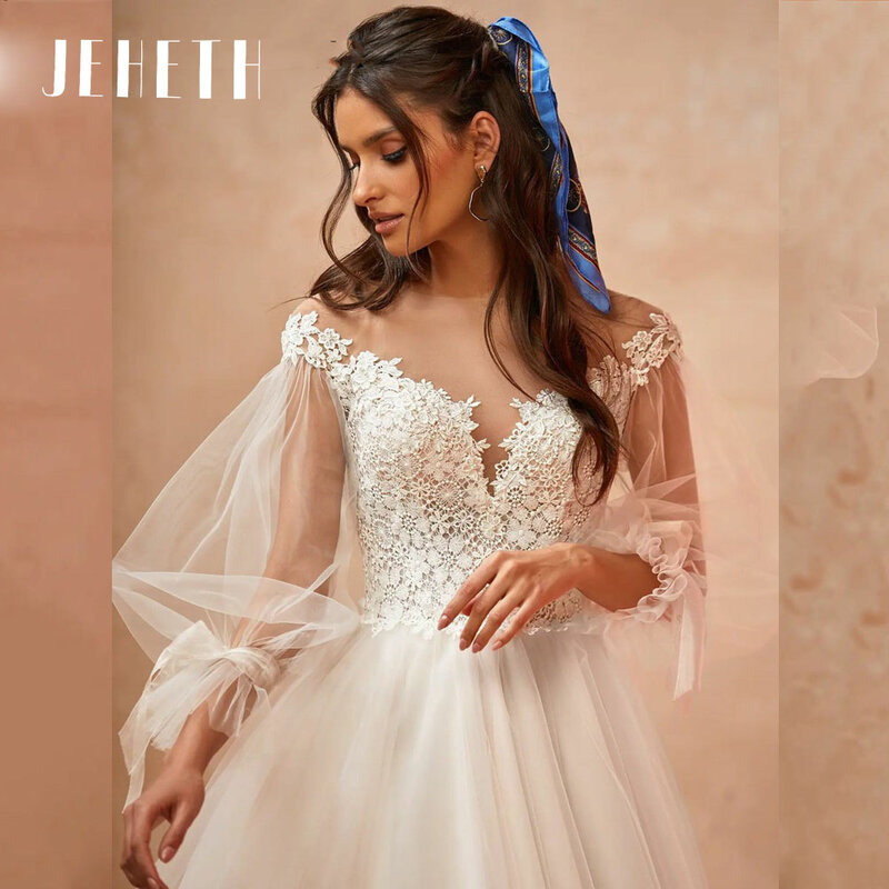 JEHETH długie bufiaste rękawy tiul linia ślubna sukienka de mariée księżniczka aplikacja Illusion suknia ślubna vestidos de novia