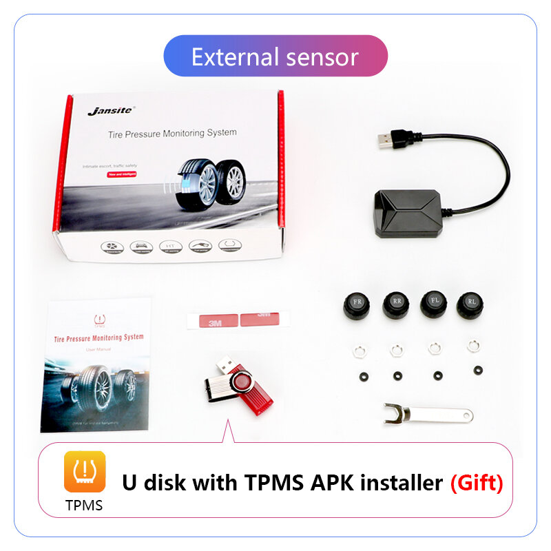 USB 안드로이드 TPMS 타이어 압력 모니터링 시스템, 디스플레이 경보 시스템 5V 내부 센서 자동차 라디오 4 센서
