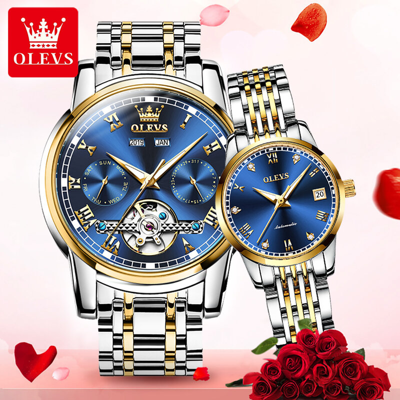Olevs-男性と女性のための完全な自動機械式カップル腕時計,ファッショナブルな防水ステンレス鋼ストラップ