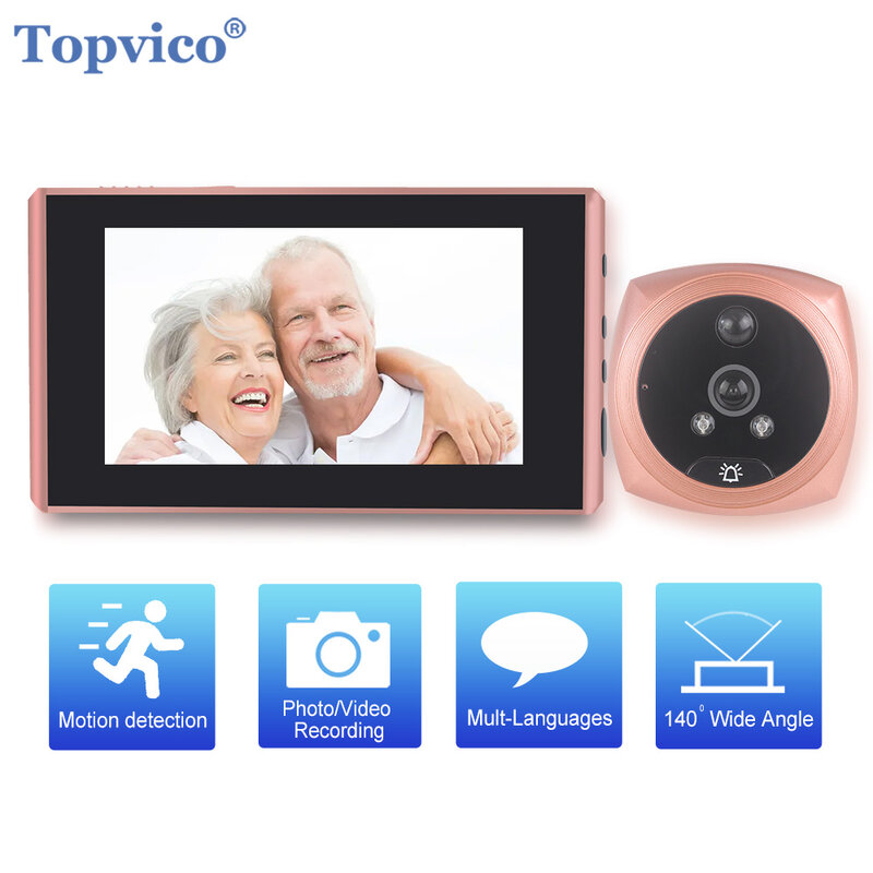 Topvico Bel Pintu Video Kamera Pengintai Lubang Intip Deteksi Gerakan 4.3 "Monitor Cincin Digital Perekam Suara Keamanan Video-Mata
