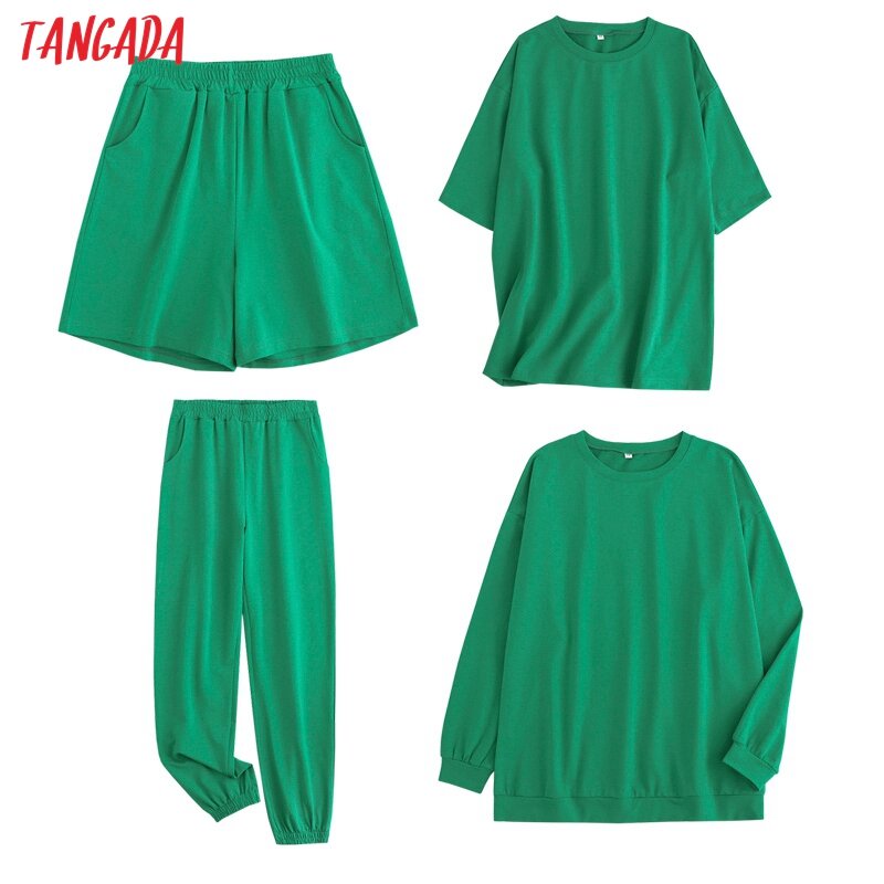 Tangada 2022 Women Terry 95% cotton sweatshirt suit oversized sets o neck hoodies sweatshirt suits 6L30