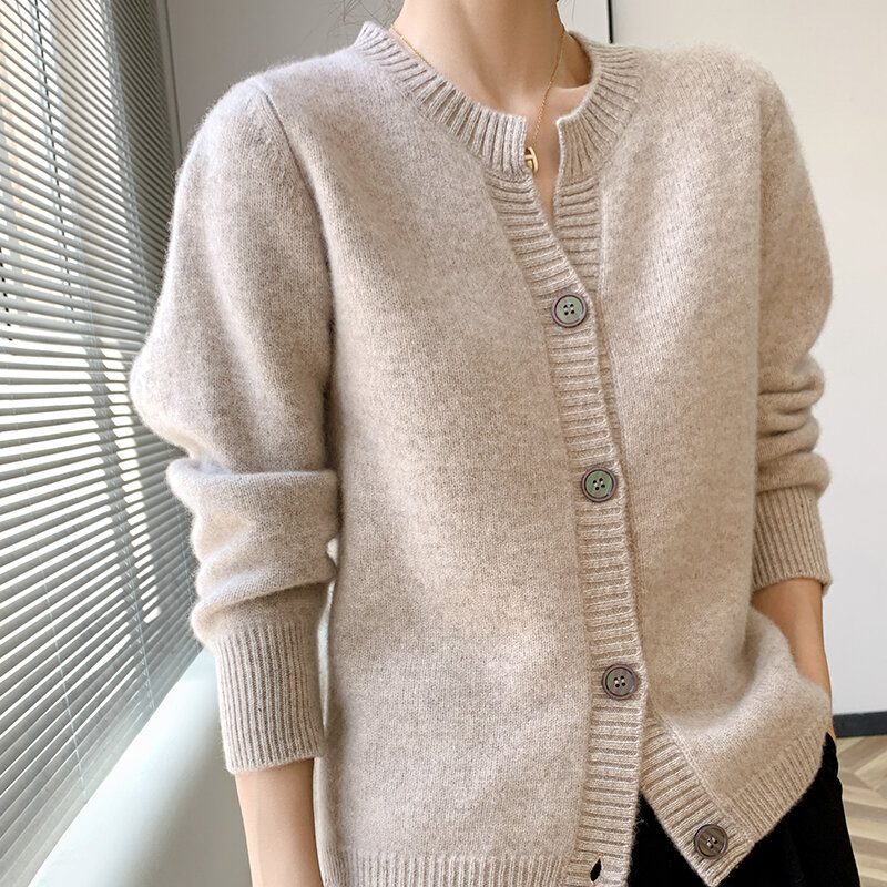 Cárdigan de lana pura 100% con cuello redondo para mujer, suéter holgado, abrigo de lana, novedad, Otoño e Invierno