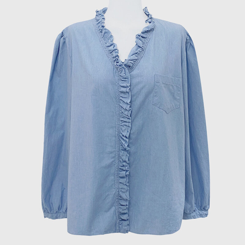 Woemn koszula jednolity niebieski V Neck z długim rękawem luźny francuski Retro leniwy wiatr styl Denim koronkowy Top Blusas Mujer De Moda 2022 Verano