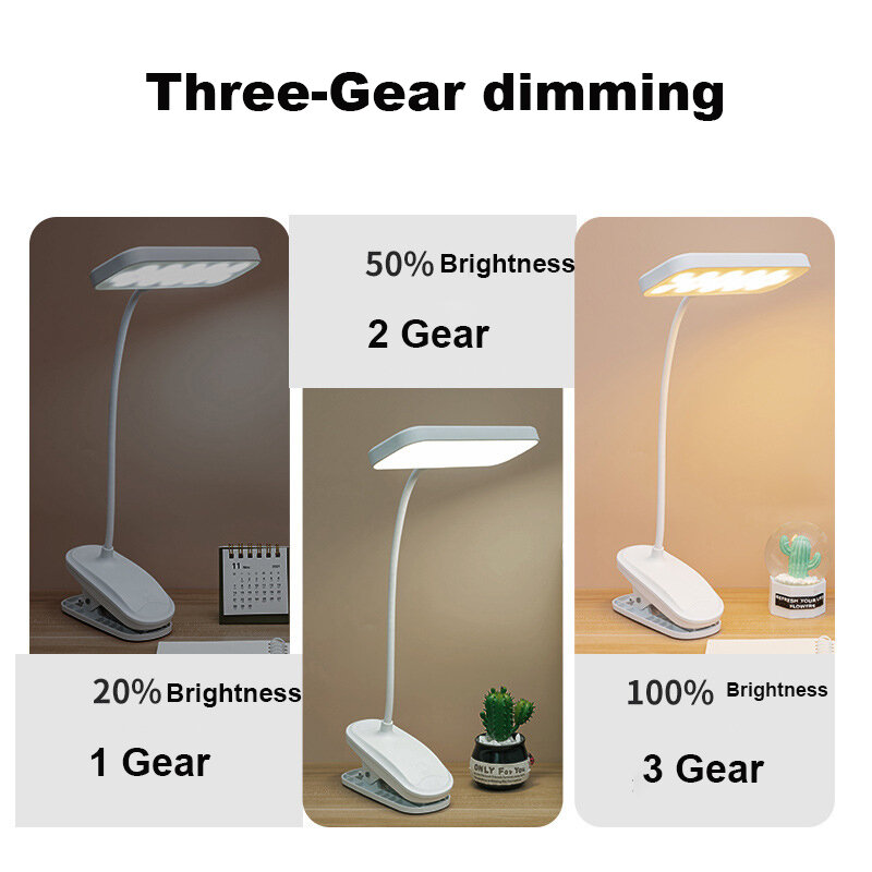 360° Led Flexible Reading Table Lamp with Clip Stepless Dimming Desk Lamp Rechargeable Bedside Night Light Study Office Work