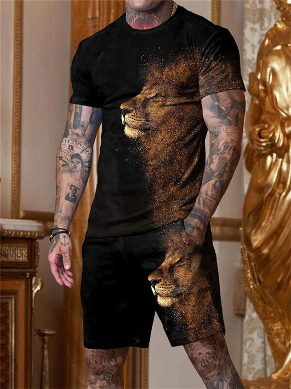Lion King ฤดูร้อน Streetwear Mens กีฬาขนาดใหญ่3D พิมพ์ T เสื้อกางเกงขาสั้นบุรุษแขนสั้นแฟชั่นชุด