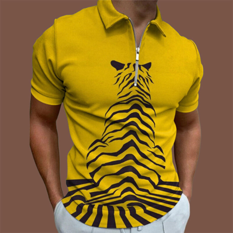 Summer Chic Chain Chain Casual Men's Short Sleeve Polo Shirt Patchwork Lapel Zipper Design Men's 3D Print Top Pullover