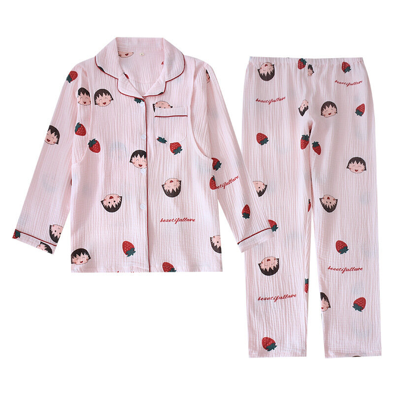 Uwięzienie ubrania Loungewear kobiety Lapel pielęgniarstwo bawełna myte krepa wiosna lato jesień cienki miękki oddychający luźny garnitur Pijama