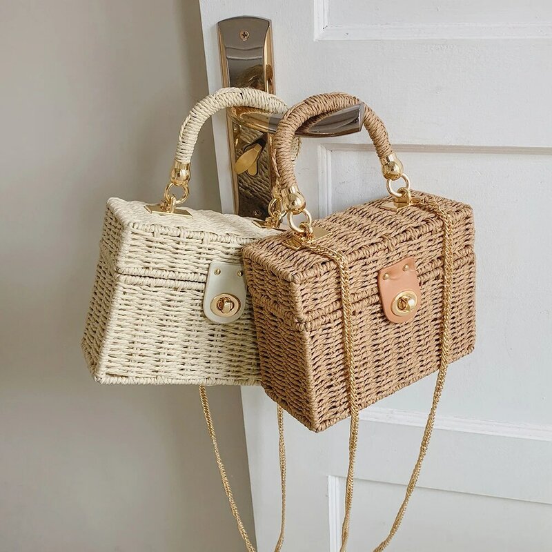 Rattan Straw Shoulder Bag Summer Beach Square Box Top-handle Handbag Women Boho Hand-Woven Basket Messenger Bag for Lady Girls