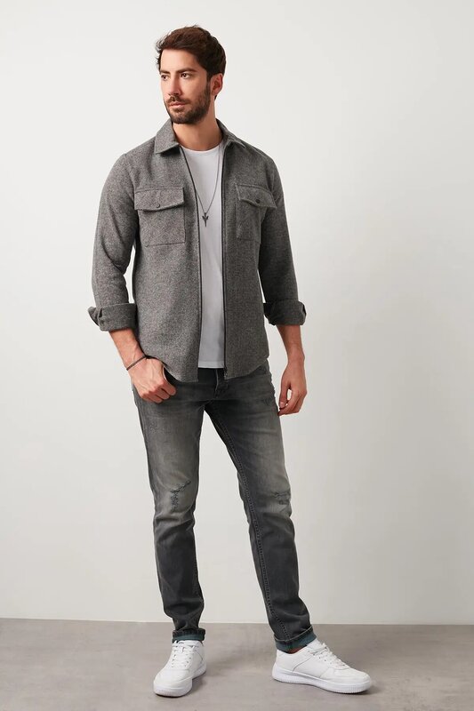 Cinza preto cáqui bolso duplo com zíper magro ajuste camisa de inverno moda venda quente ao ar livre