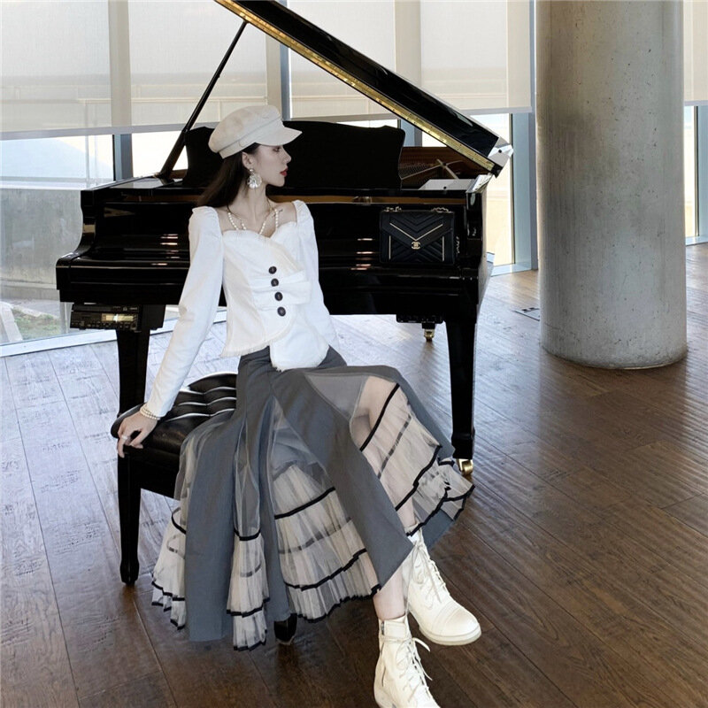 Französischer Hof Stil Retro plissiert Spleißen Mesh Neuankömmlinge schwarzes Kleid lange Ärmel elegant A-Linie Dinner Party Kleid Mitte der Wade
