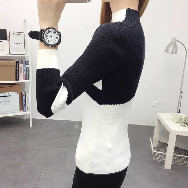 Camisola tricot de manga comprida feminina, pulôver patchwork, jumper slim fit, moda feminina, outono, inverno, 2022