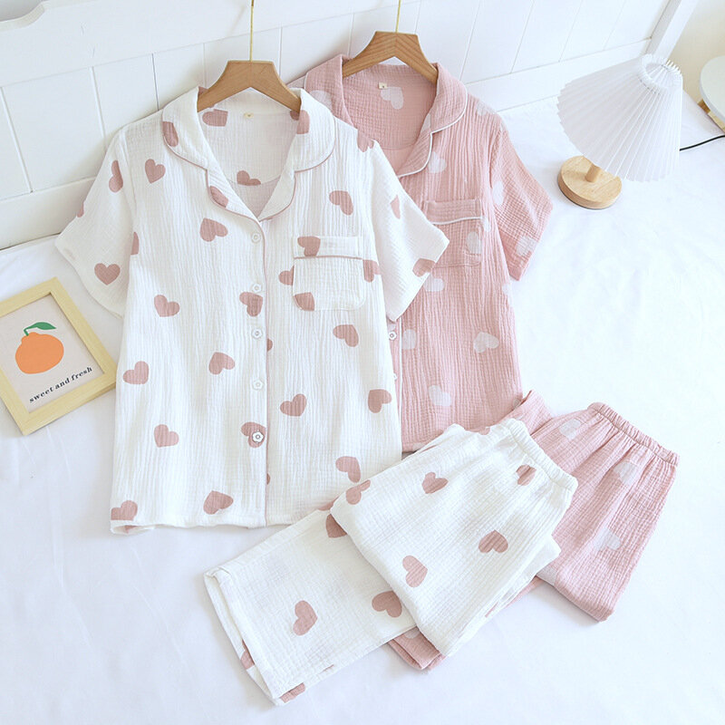 Mom Cotton Home Clothes Pajamas Set Women Love Washed Crepe Short-sleeved Trousers Summer Thin Long Pants Loungewear Sleepwear