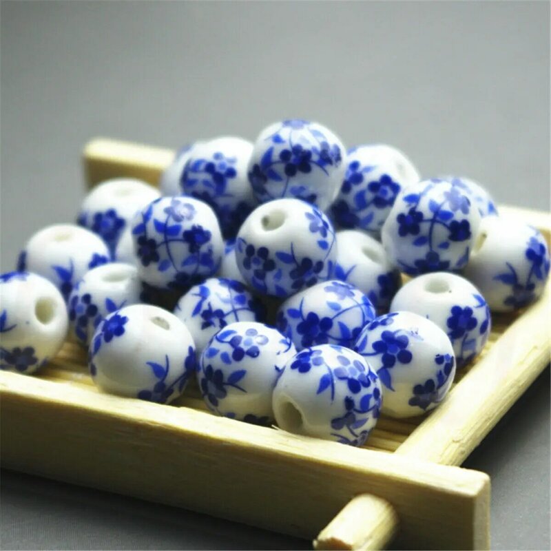 Cuentas redondas de cerámica, Material ecológico, 8mm, Color blanco, 20 piezas, diseño azul
