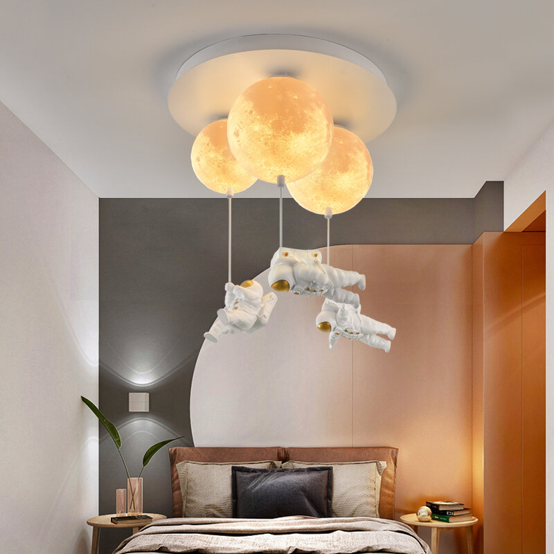 Candelabros de luna de astronauta, lámpara de decoración de techo de dormitorio con personalidad creativa nórdica de dibujos animados para niño y niña
