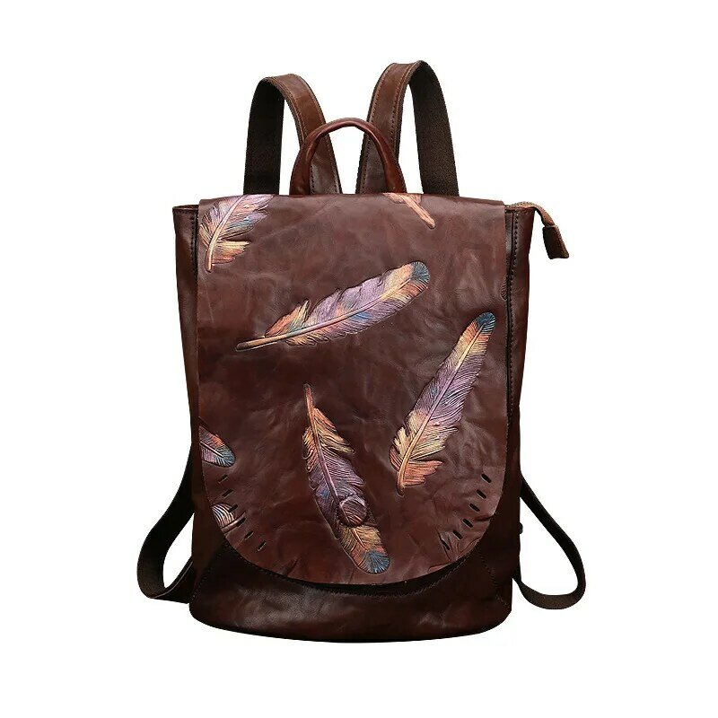 Bolsa de couro genuíno das mulheres retro em relevo bolsa de ombro com couro grande mochila de viagem feminina