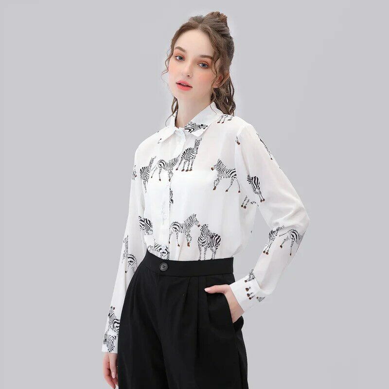 QWEEK Satin Bluse Frauen Seide Zebra-Print Shirts Langarm Vintage Büro Damen Tops Femme 2021 Mode Grün Elegante Blusen