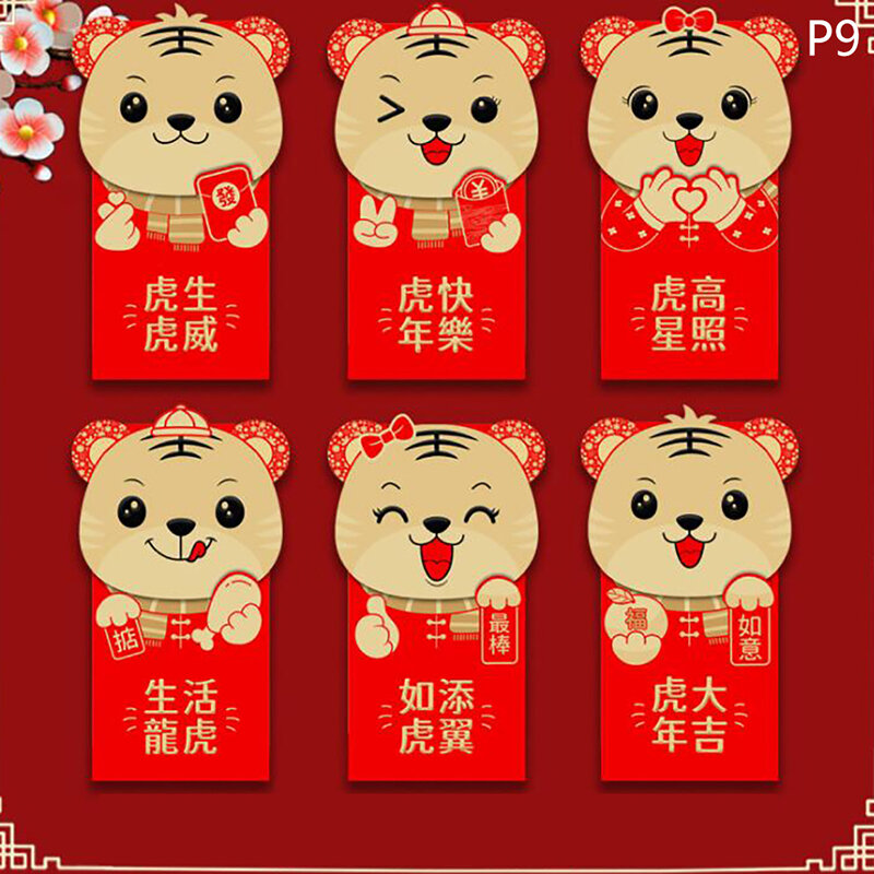 Sobres Rojos chinos Hongbao de 6 piezas, bolsillo para dinero de la suerte, Año Nuevo, Festival de Primavera, Tigre, suministros de cumpleaños, bolsa de envoltura de regalo, 2022