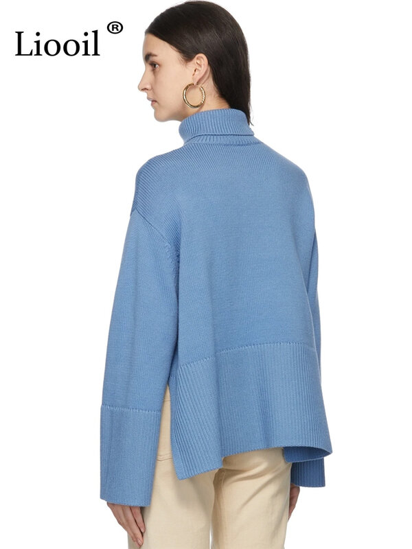 Женский вязаный свитер Liooil с высоким воротником, пуловер с длинным рукавом, свободный джемпер, топы, уличная одежда, осенне-зимние синие меш...