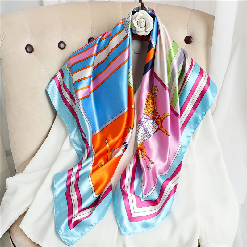 Foulard Hijab carré en Satin de soie imprimé animaux pour femmes, 90x90cm, bandeau à carreaux, Bandana enveloppant, couvre-chef à la mode