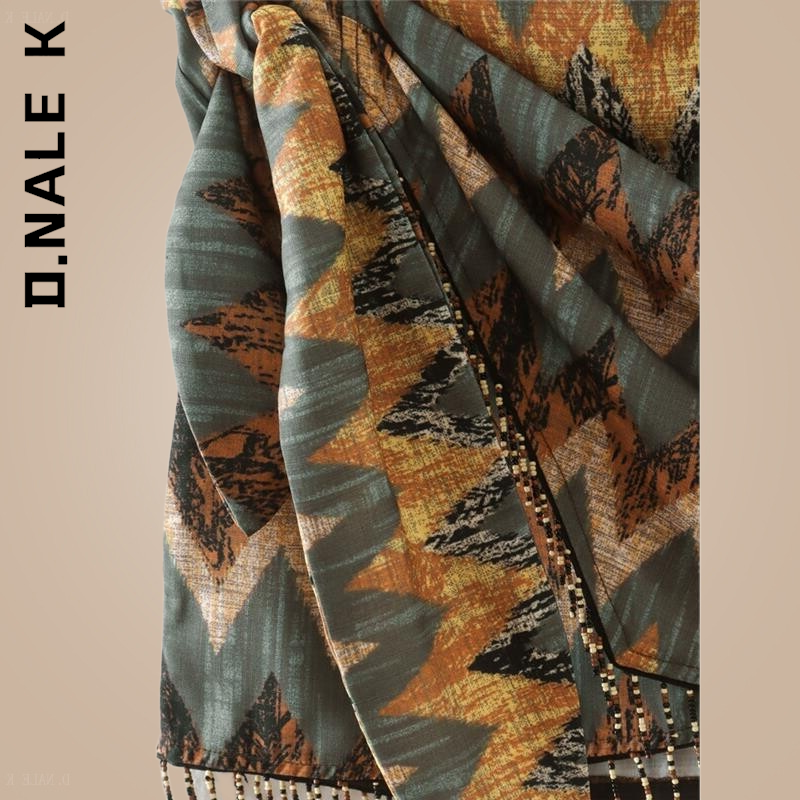 D.nale k-幾何学的なプリントのショートスカート,新しいヴィンテージのショートスカート,結び目のあるウエスト,フリンジとフリンジ付き