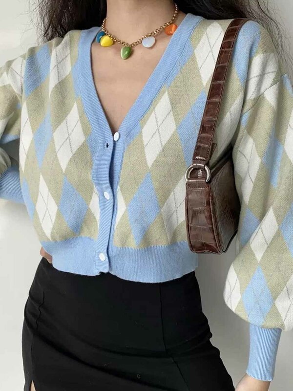 여성 스웨터 다이아몬드 v넥 니트 가디건 재킷, 2022 년 신제품 가을 긴 소매 탑 여성 니트 버튼 업 패션 가디건 코트