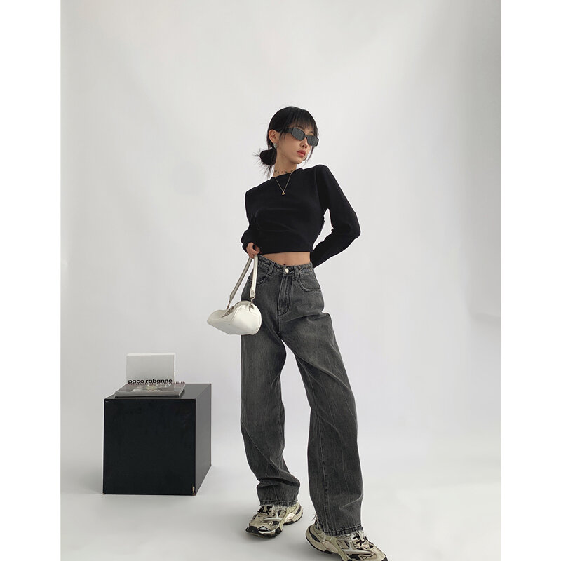 Celana Jeans Wanita Baru Musim Gugur Abu-abu Gelap High Street Fashion Baggy Retro Lurus Gaya Amerika Pinggang Tinggi Kaki Lebar Celana Panjang