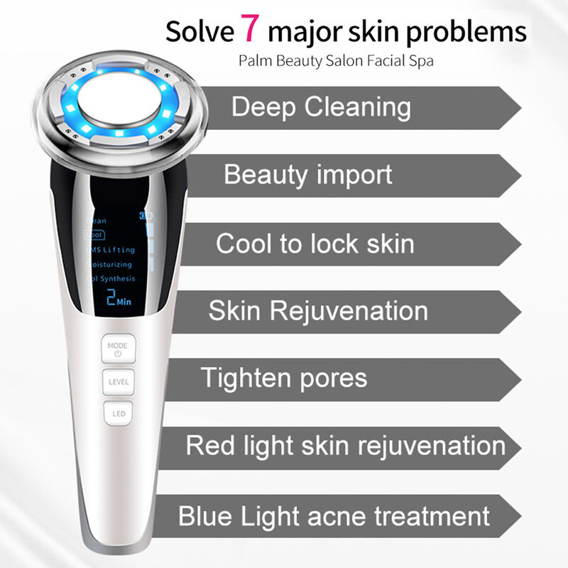 7 In1 EMS ใบหน้านวด LED Light Therapy Sonic การสั่นสะเทือนลดริ้วรอยกระชับผิวร้อน Cool Treatment Skin Care Beauty